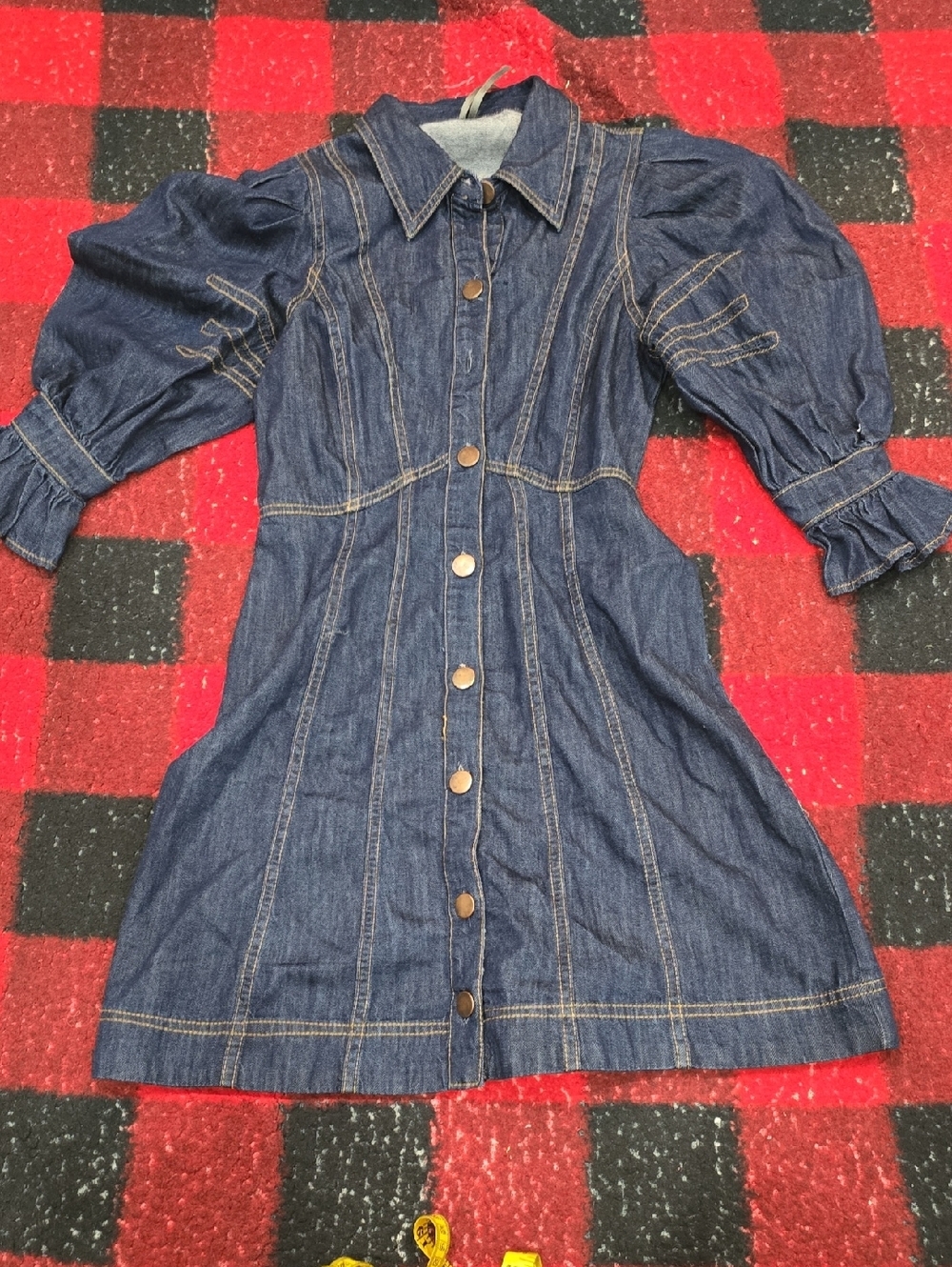 Anthropologie Dark Indigo Denim Dress with Golden Stitching(one Missing Button)